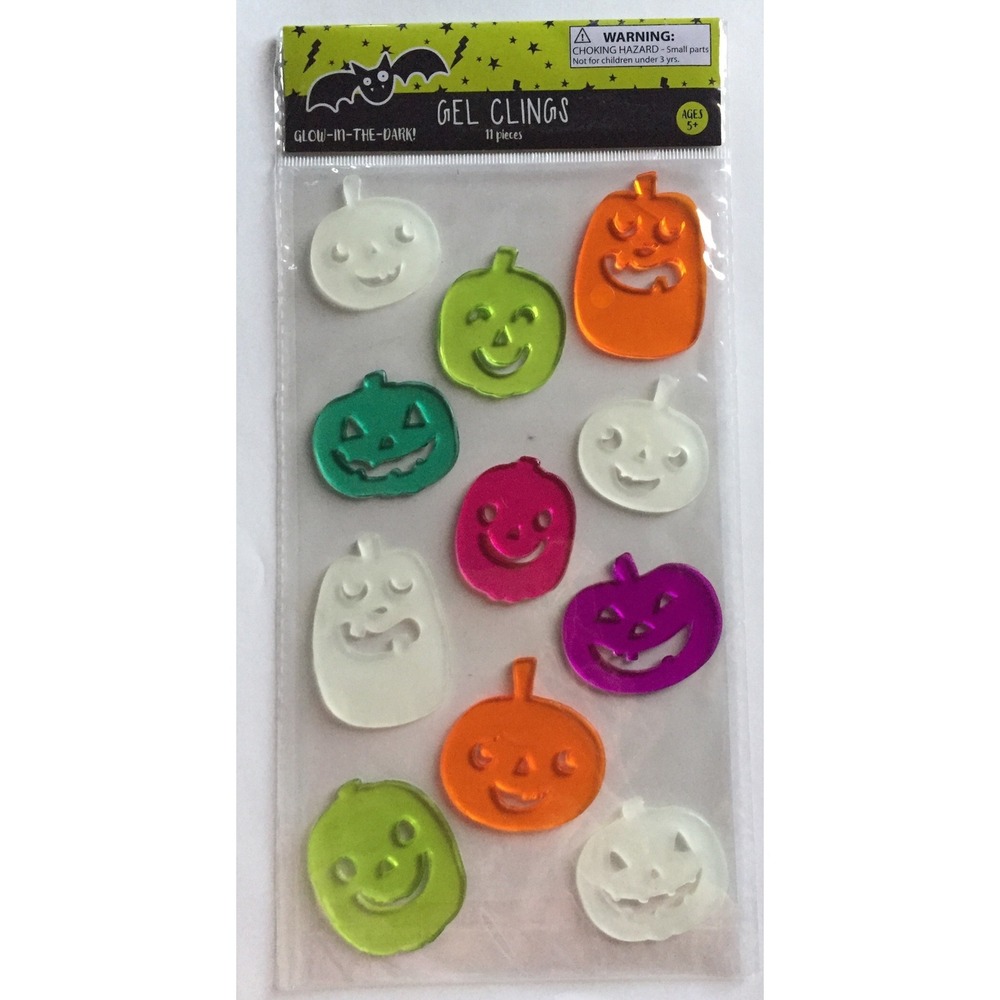 NEW HALLOWEEN 11 pc Window Gel Clings Jack-o-Lantern Pumpkins Glow-in-the-dark!